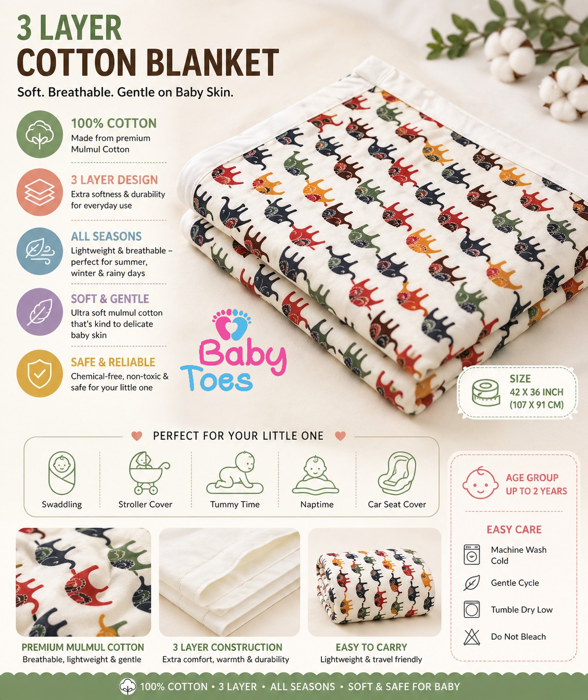 Premium Cotton 3 Layer Blanket upto 2 Years 42x36 in.
