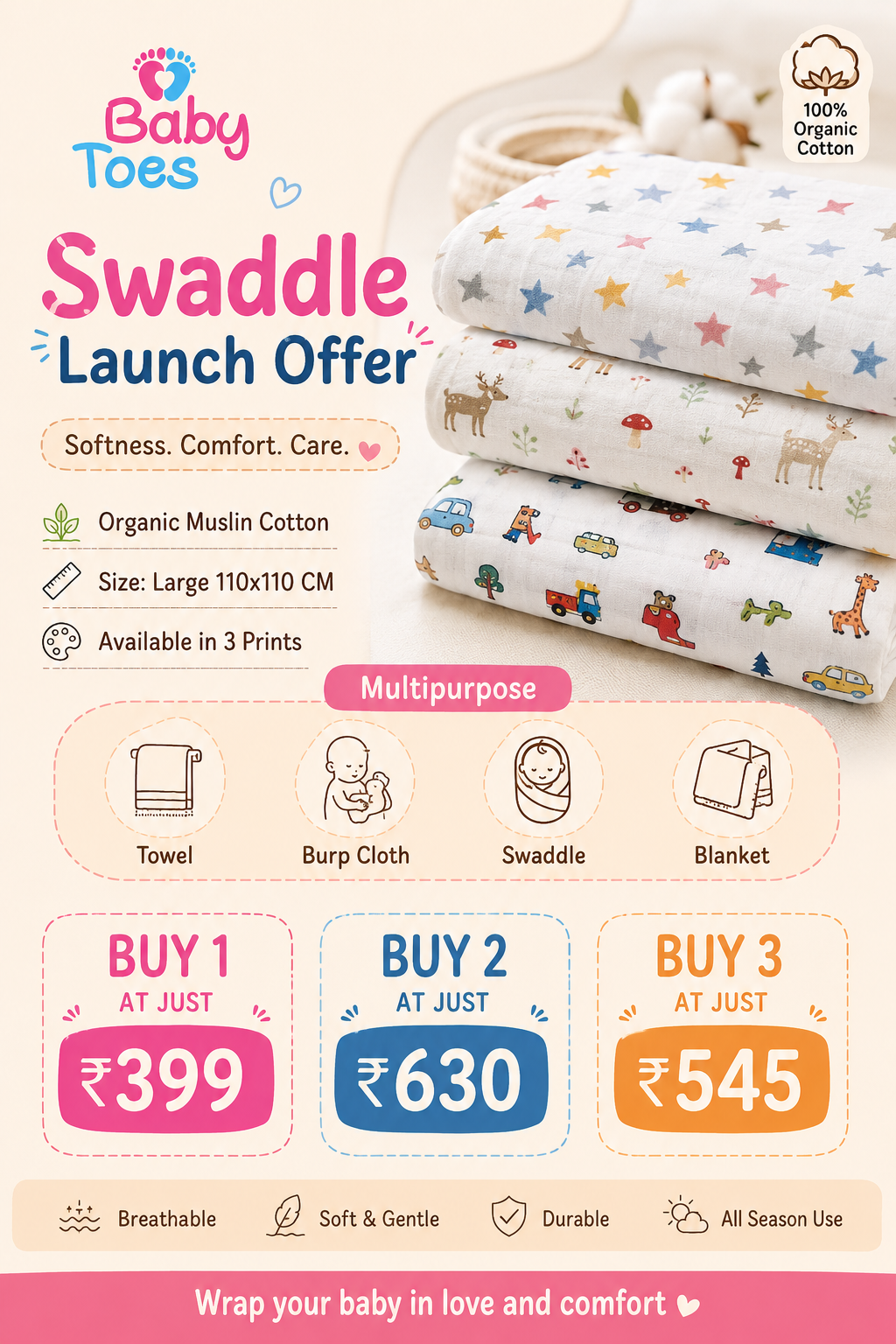 Organic Muslin Swaddle pack of 3