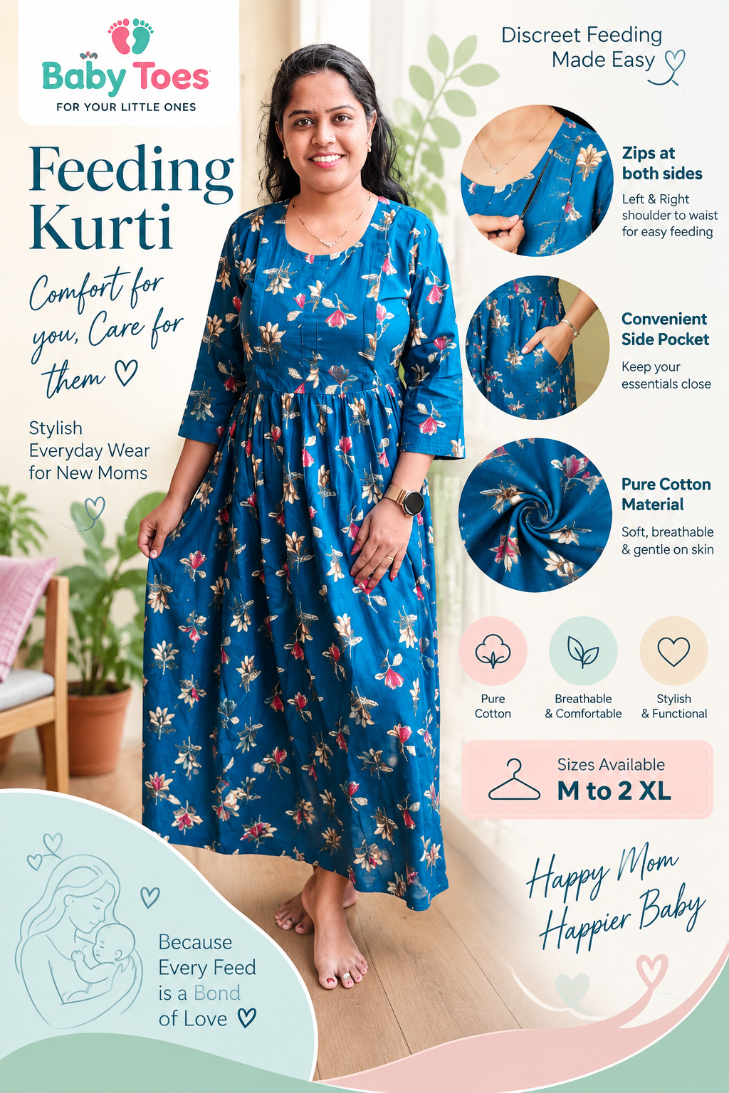 Feeding Kurti M to 2 XL Pure Cotton Blue 1