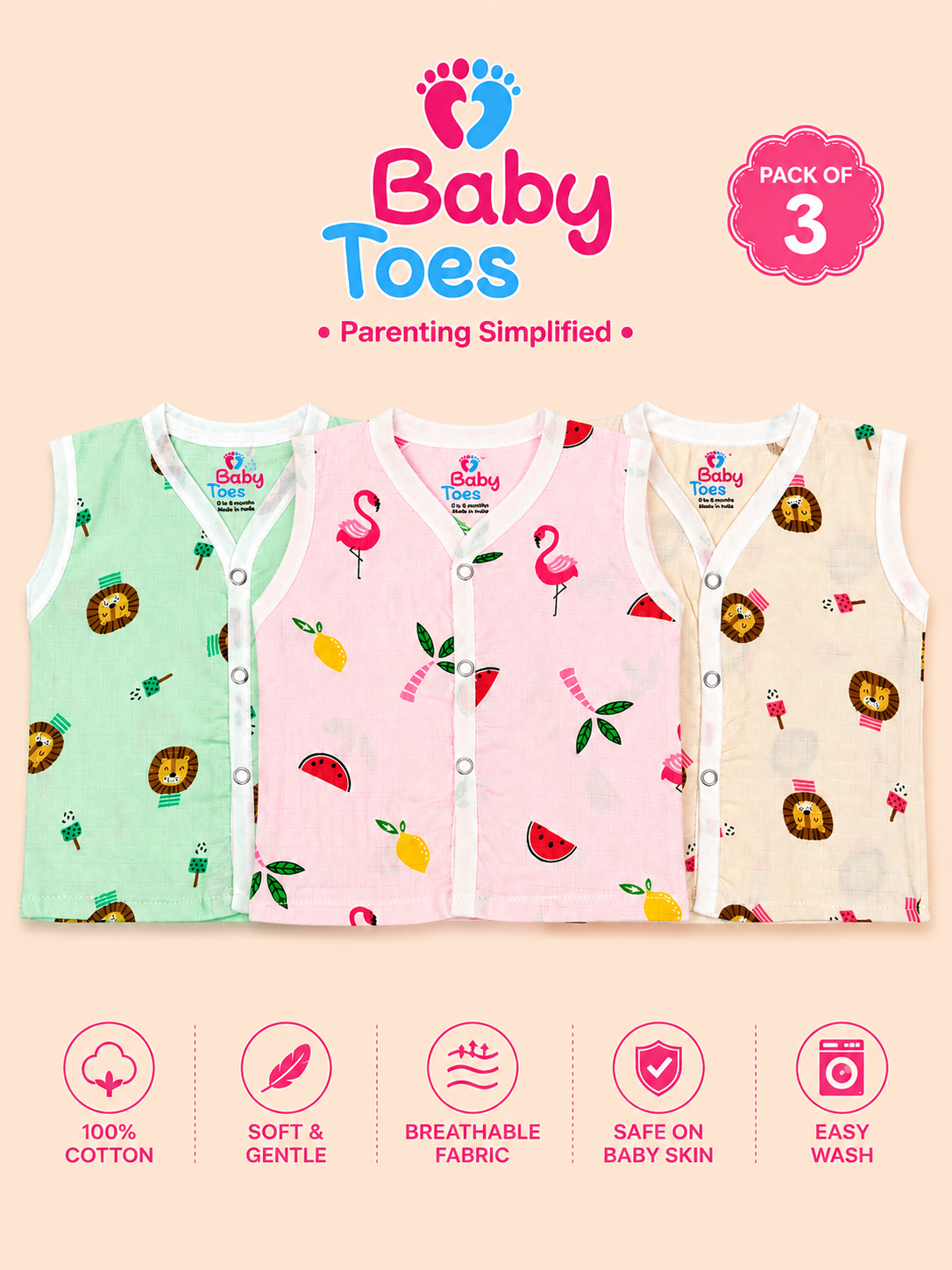 Organic Muslin Sleeveless Jhablas Set of 3 0 to 3 m