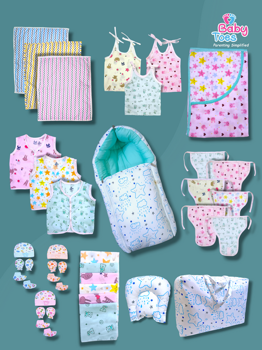 34 Items Hospital Bag /Maternitykit Mulmul Cotton (Multicolored)