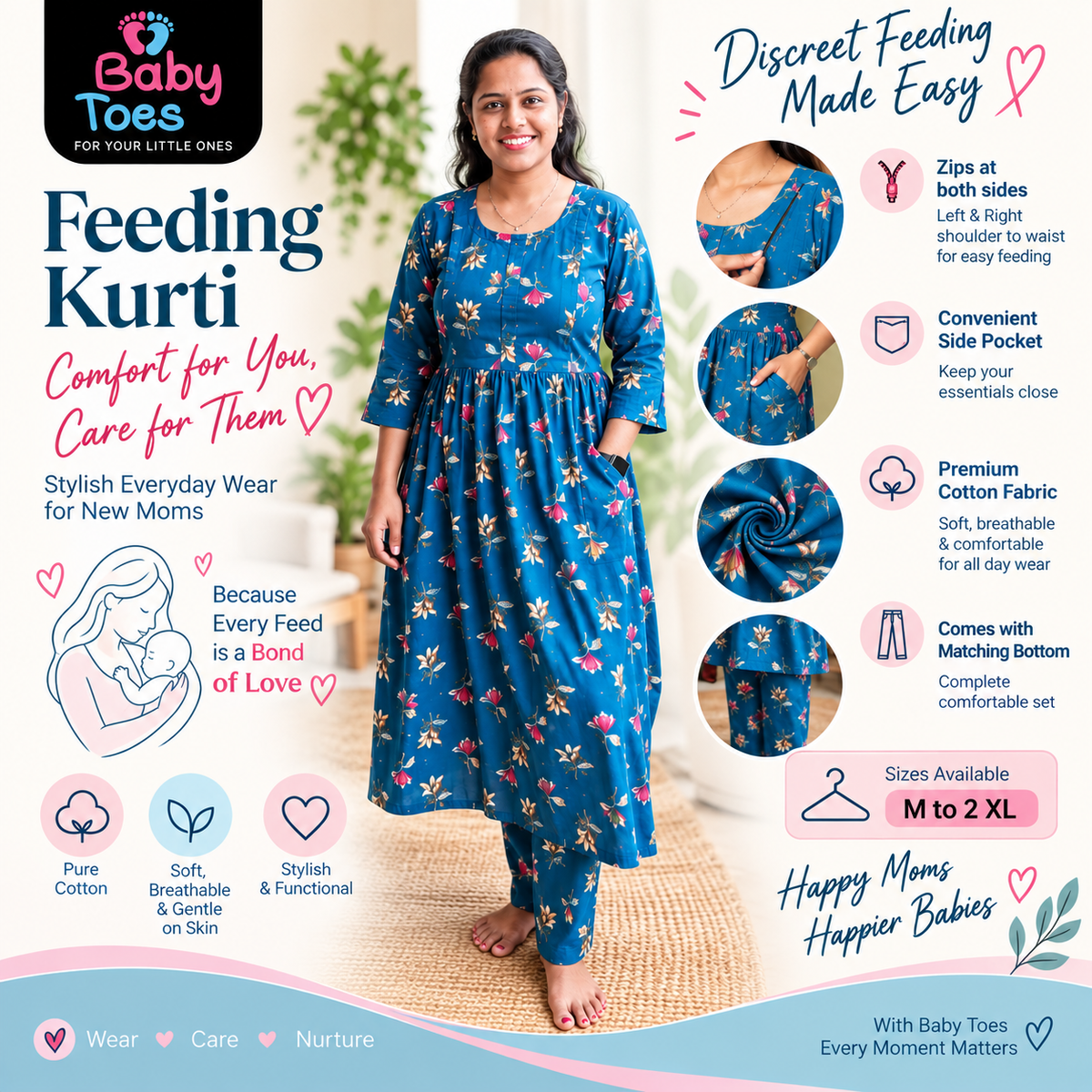 Cotton Feeding Kurti Set vertical Zips both Size M to XXL