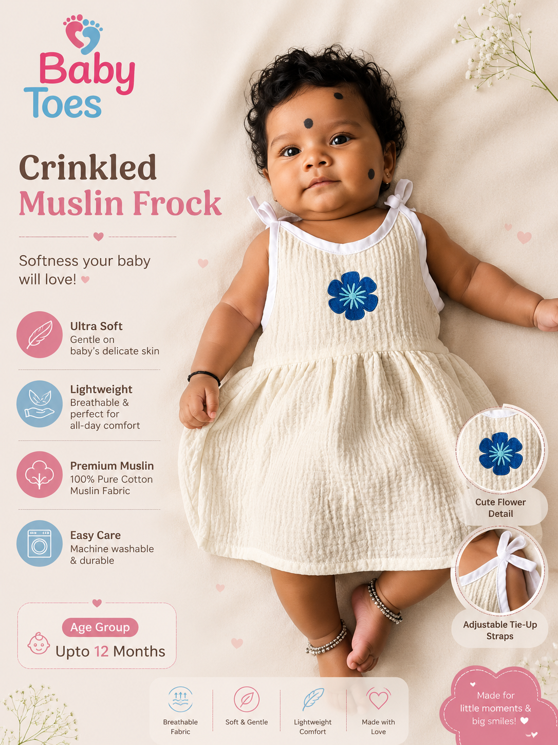 Crinkled Muslin Frocks sizes - 0 to 12 months.