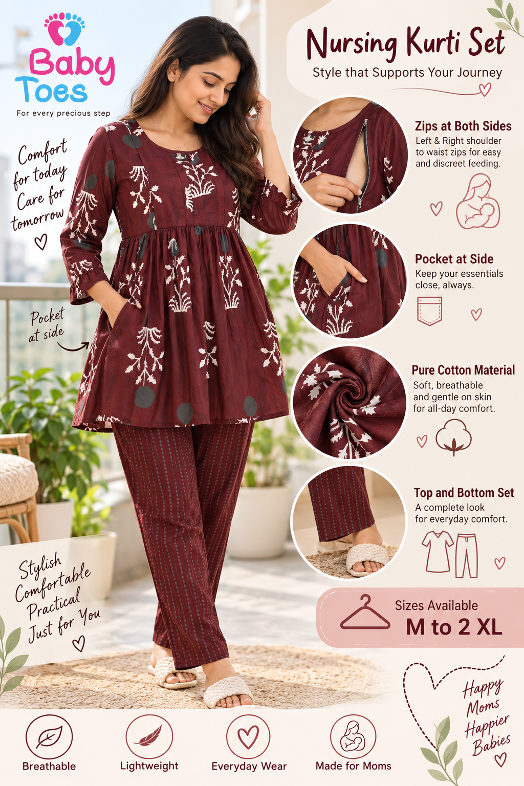 Feeding Kurti Set Top+bottom Pure Cotton Maroon