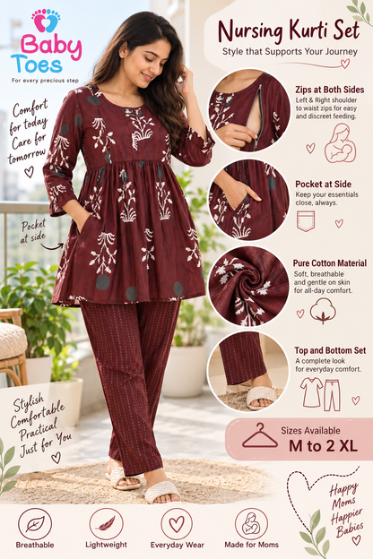 Feeding Kurti Set Top+bottom Pure Cotton Maroon