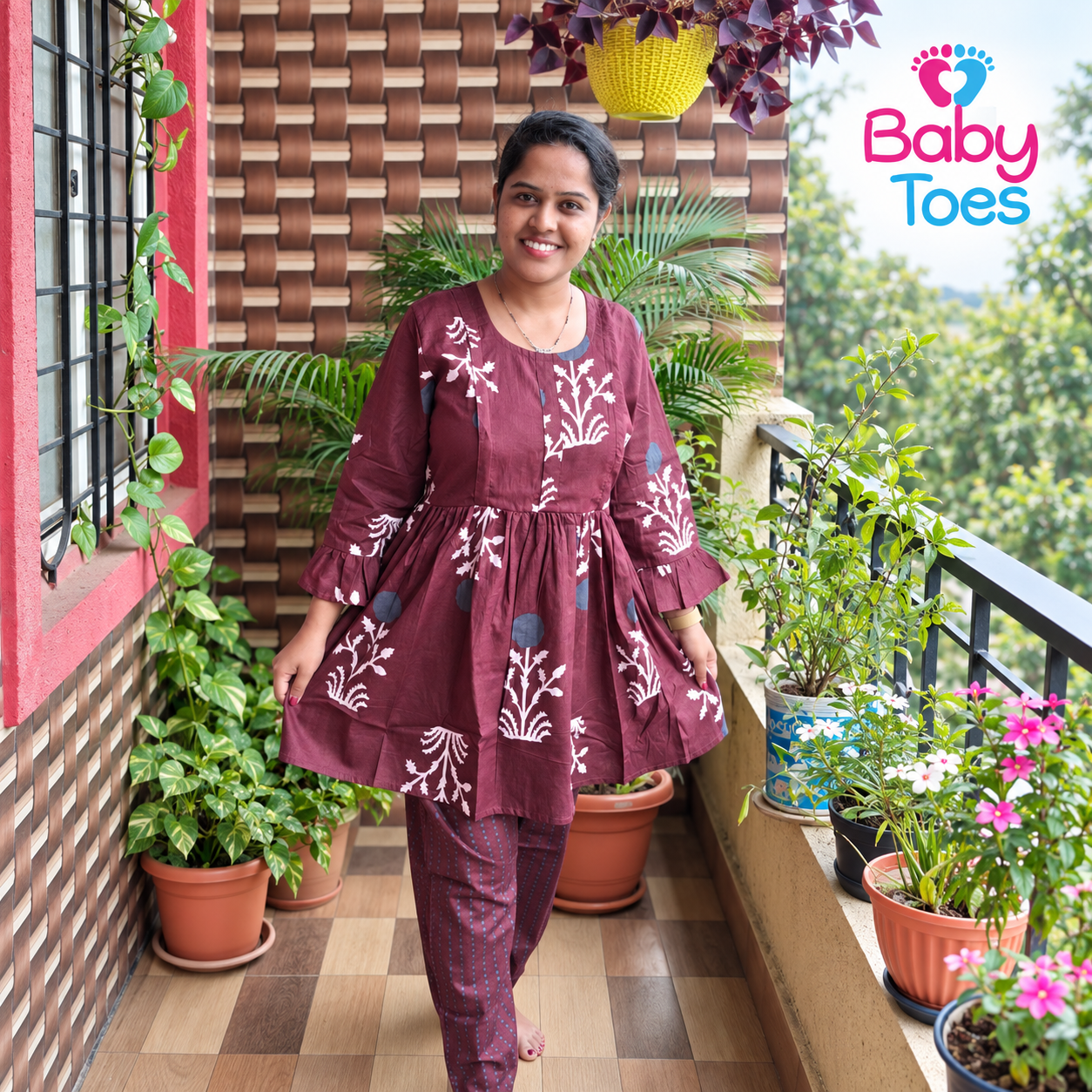 Feeding Kurti Set Top+bottom Pure Cotton Maroon