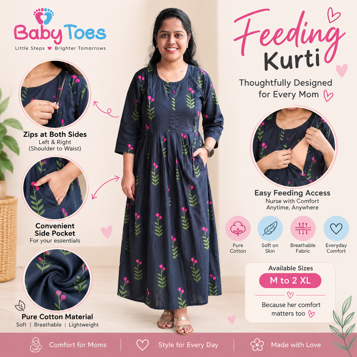 Feeding Kurti L to 2 XL Pure Cotton Black