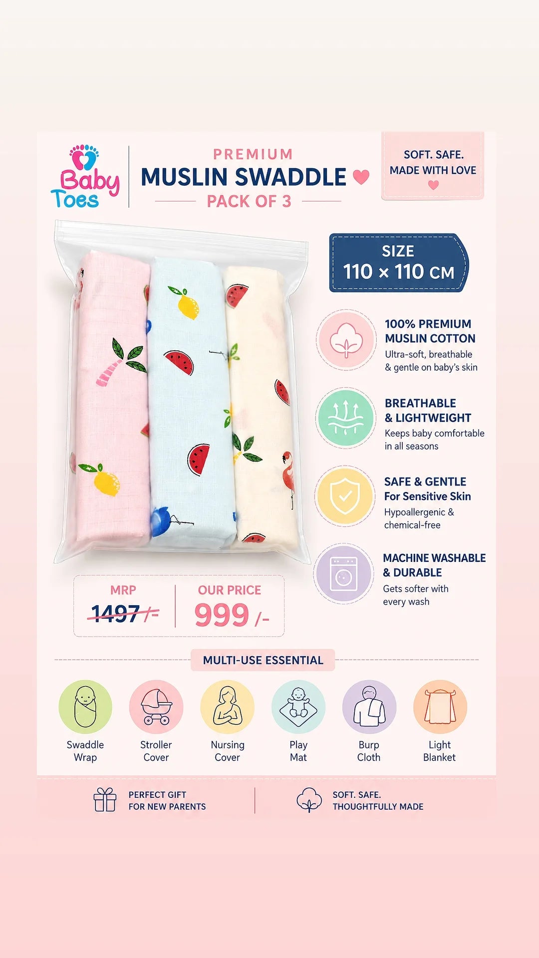 Premium Muslin Organic Cotton Swaddle set of 3  110x110CM