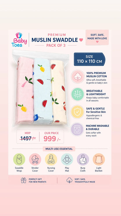 Premium Muslin Organic Cotton Swaddle set of 3  110x110CM
